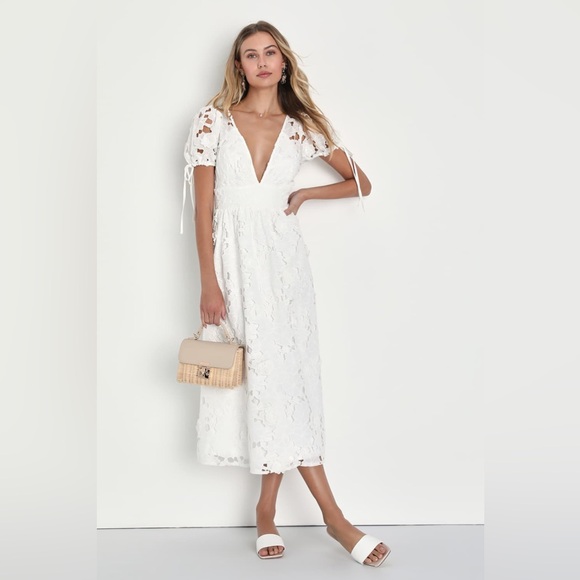 LULU’S Flourishing Blossoms White 3D Floral Backless Midi Dress - Picture 4 of 5